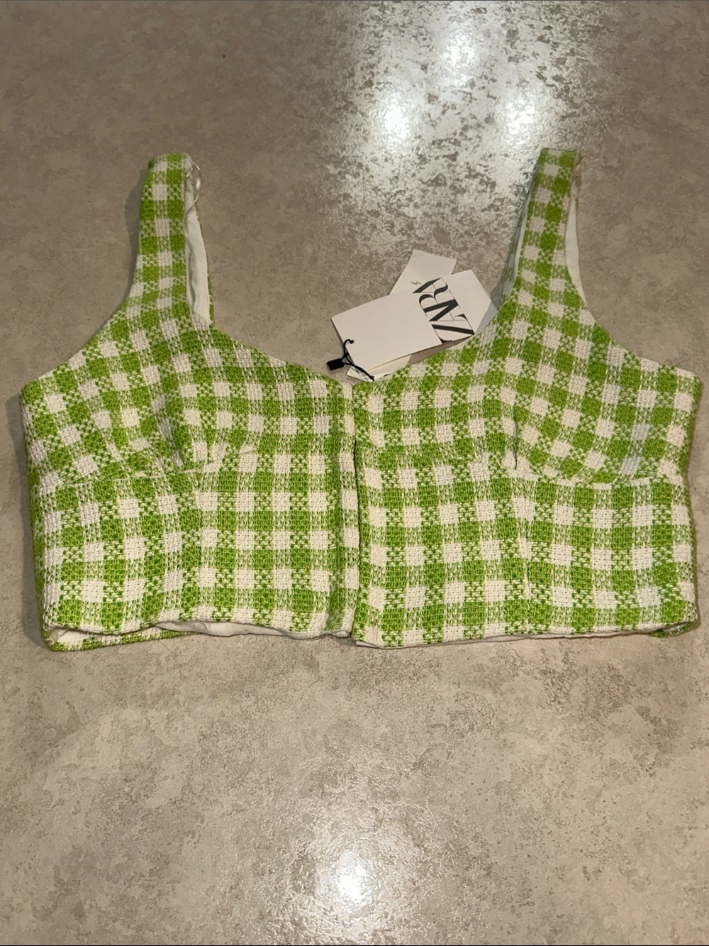 Zara Green and White Gingham Tweed Crop Top
